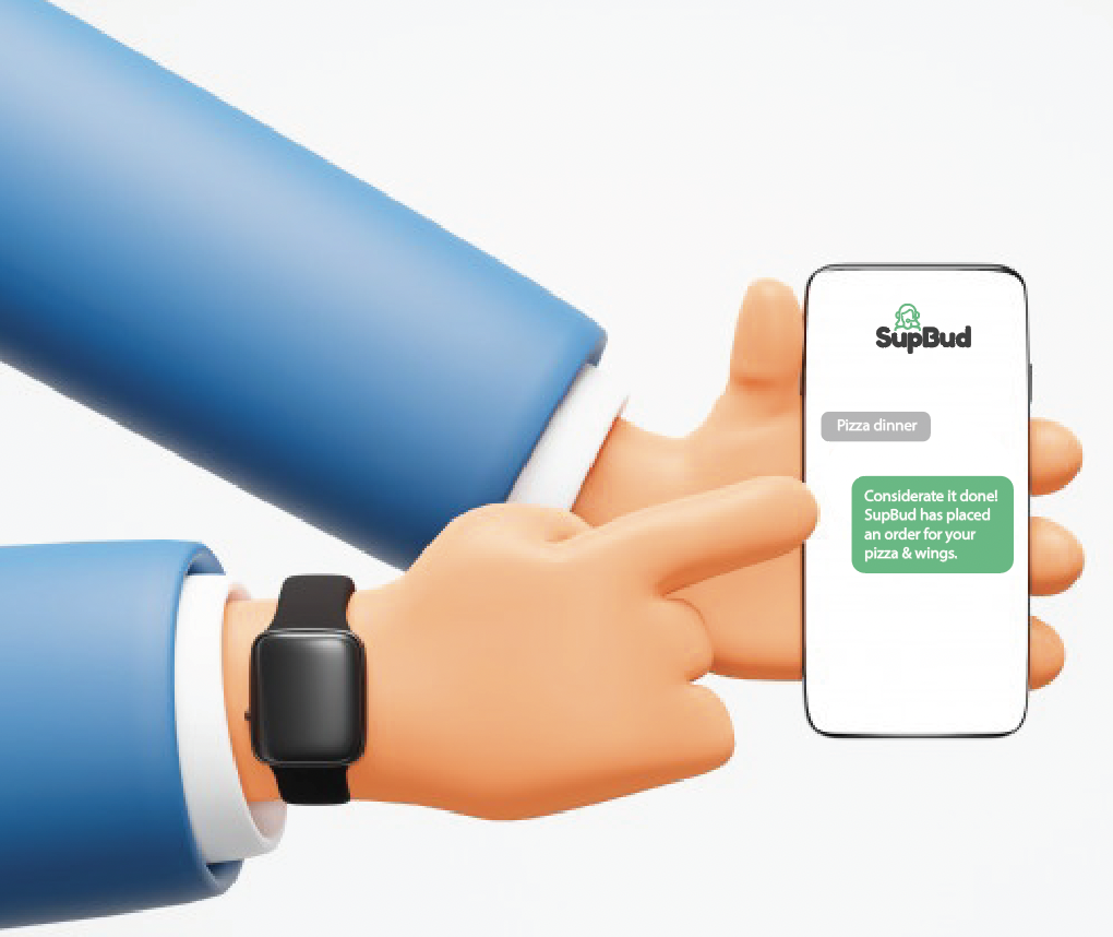 Hand holding phone with SupBud app showing pizza order confirmation